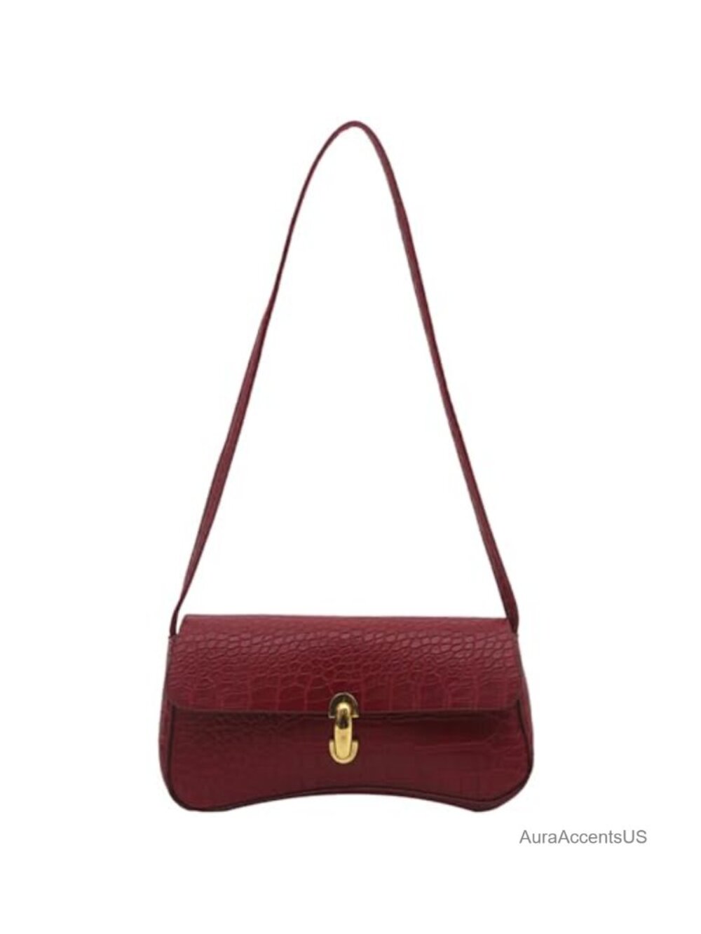 Women's Croc Embossed PU Leather Baguette Shoulder Bag Flap Clasp Purse